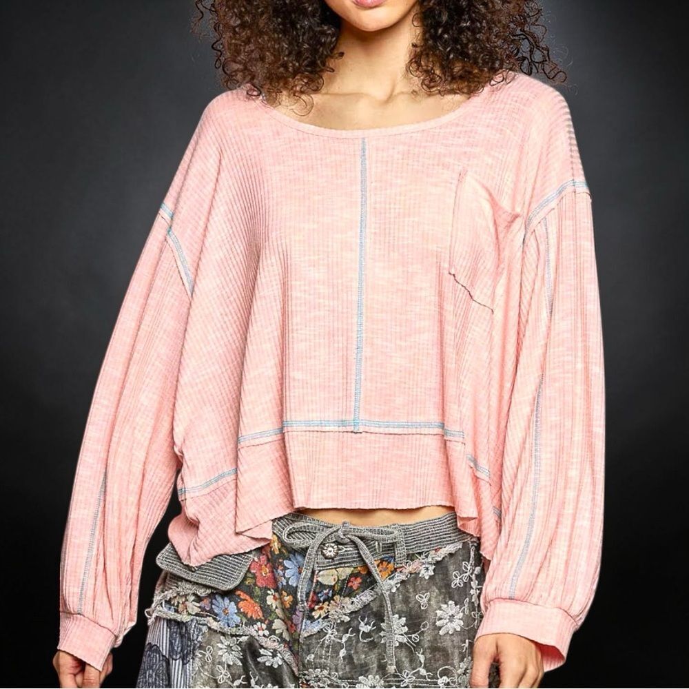 POL Blush Pink Ribbed Oversized Top Exposed Seam Pocket Boho Long Sleeve Med NEW - Picture 2 of 15